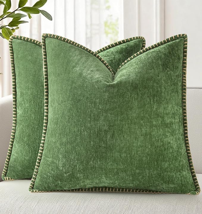 decorUhome Fall Chenille Soft Throw Pillow Covers 16x16 Set of 2, Farmhouse Velvet Neutral Decorative Euro Pillow Covers with Stitched Edge for Couch Sofa Bed Home Decor, Forest Elf-Ruum Studio Home