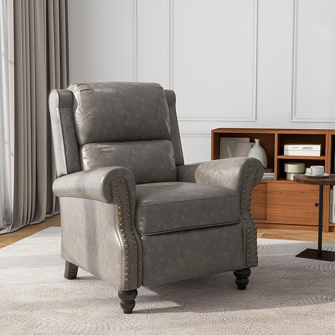 UIXE Pushback Recliner Chair, Faux Leather Armchair Push Back Accent Chair, Rivet Trim Club Chair Home Theater Overstuffed Single Sofa Reading Seat for Living Room, Gray-Ruum Studio Home