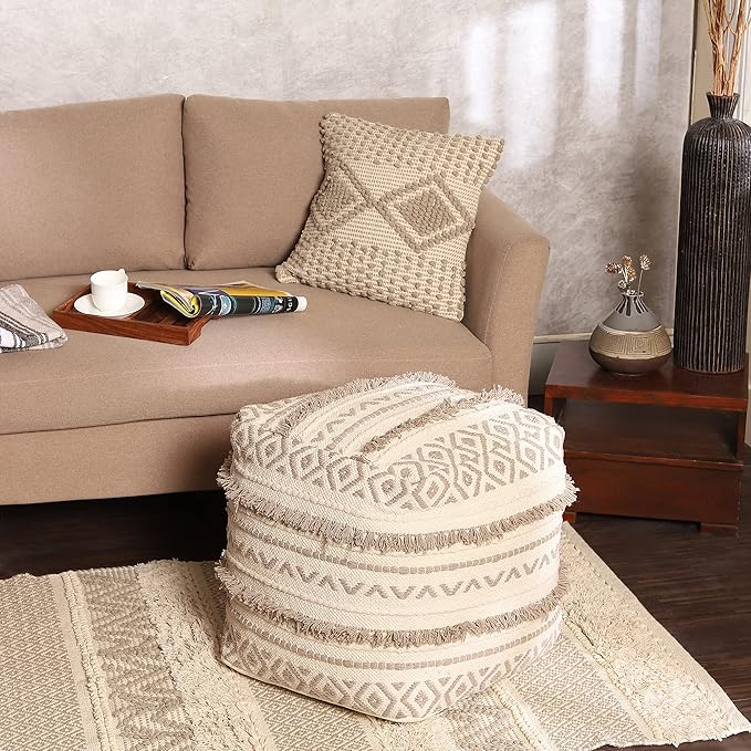 REDEARTH · Tufted Pouf Ottoman with Filler Textured Storage Cube Bean Bag Pouffe Footrest for Living Room, Bedroom, Nursery, Kidsroom; 100% Cotton (17.5"X17.5"X17.5", Geometric Craft Taupe)-Ruum Studio Home