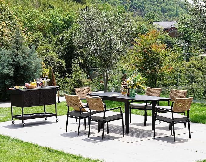 Grand patio Outdoor Wicker Bar Cart, Outdoor Bar Table with Stainless Steel Tabletop, Patio Kitchen Island Grill Cart with Storage Cabinet and 4 Hooks-Ruum Studio Home