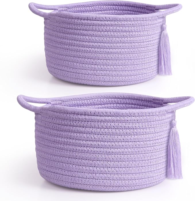 Empty Gift Basket - SweetMemo Mini Woven Rope Organizer Baskets for Baby Shower, Vanity, Makeup Brushes, Bathroom, Shelves, Desk - Small Decorative Storage Bins - Set of 2, Pre-Shaped, Lilac Purple-Ruum Studio Home