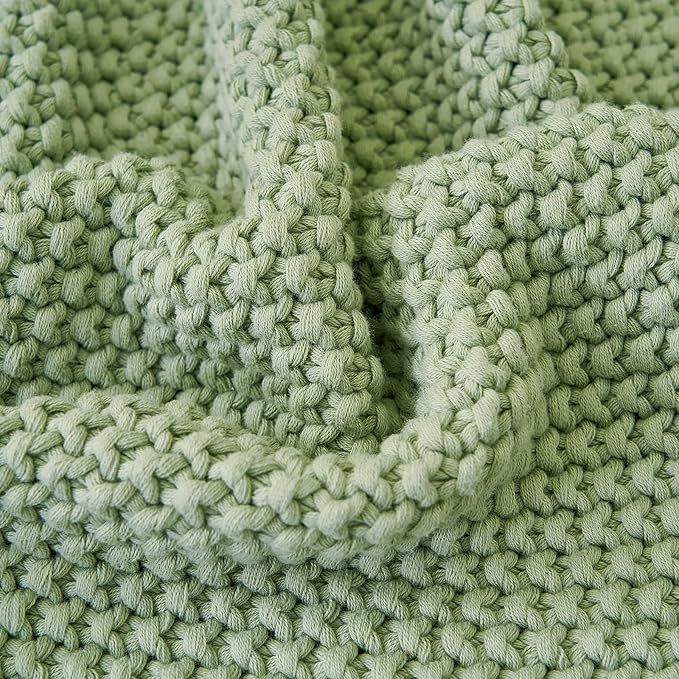 Chunky Cable Knit Throw Blanket Lightweight Light Green 100% Organic Cotton Blanket for Sofa Couch Bed Baby Nursery, Rustic Shabby Chic Modern Farmhouse, 51” x 63” Bonus Laundering Bag-Ruum Studio Home