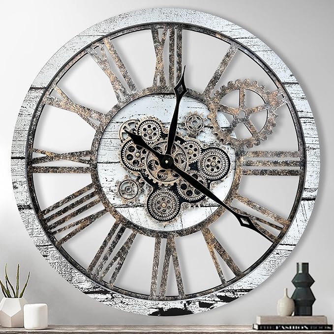 The B-Style Large Real Moving Gears Wall Clock 30 inch Rustic Retro Industrial Farmhouse Wood Clock Oversized Decorative Vintage Wall Clocks for Living Room (Gray White, 30 Inch/76CM)-Ruum Studio Home
