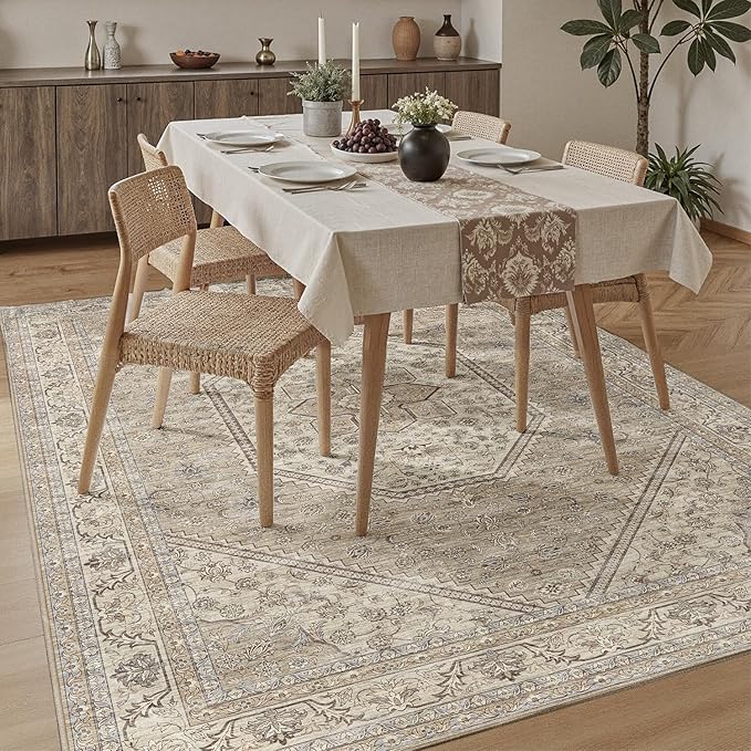 DCX Machine Washable Brown and Beige Area Rug 8x10, Non Slip Stain Resistant Vintage Floral Rug for Living Room Bedroom Nursery, Soft Low Pile Large Carpet-Ruum Studio Home