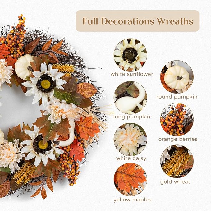 Fall Wreaths for Front Door Decor - Walasis 20 Inch Thanksgiving Wreath with Maple Leaves White Pumpkin Daisy Sunflower Wreath Autumn Harvest Decorations for Table Front Porch-Ruum Studio Home