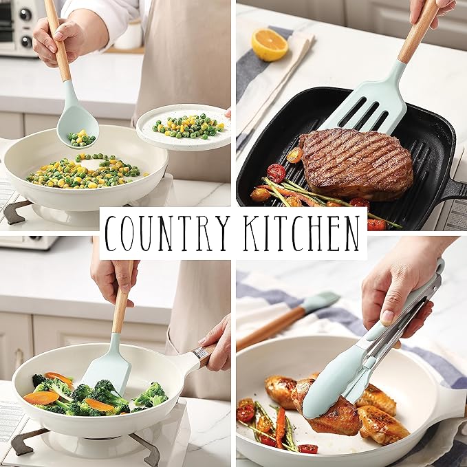 Country Kitchen Non Stick Silicone Utensil Set with Rounded Wood Handles for Cooking and Baking, 14 Piece Set, Mint-Ruum Studio Home