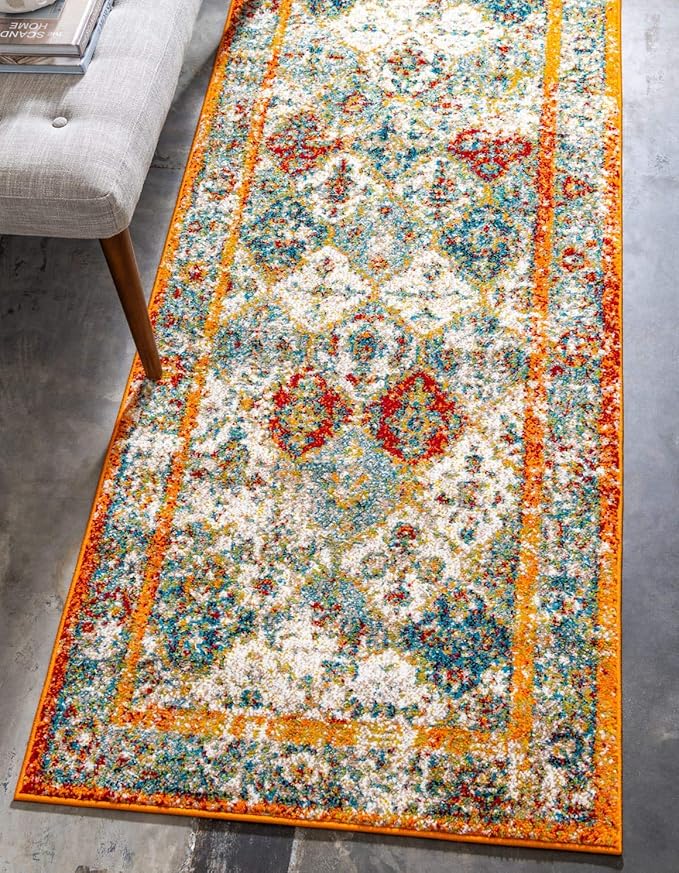 Unique Loom Rosso Collection Vintage, Traditional, Bohemian, Geometric, Distressed, Southwestern Area Rug (2' 7 x 10' 0 Runner, Beige/Orange)-Ruum Studio Home