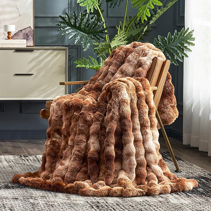 Cozy Bliss Faux Fur Throw Blanket for Couch, Fuzzy Soft Plush Thick Bubble Blanket for Sofa Bedroom Living Room, 50 * 60 Inches Tie Dye Brown-Ruum Studio Home