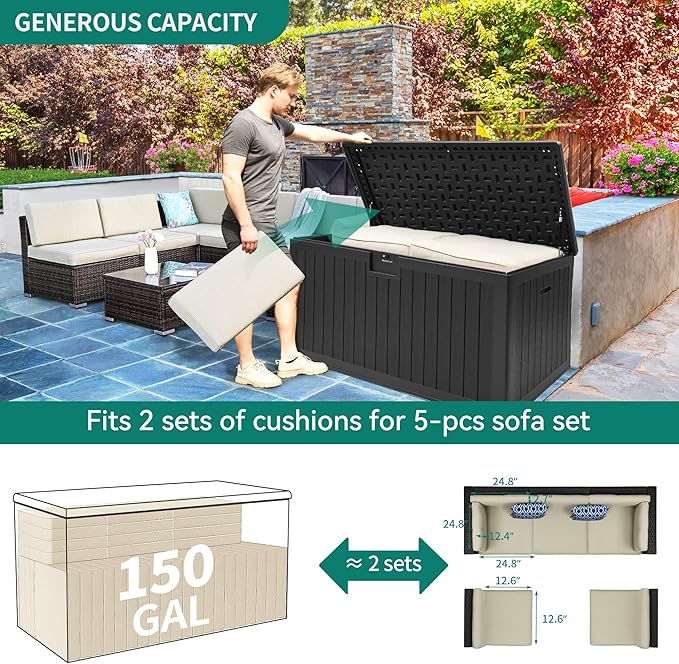 YITAHOME 150 Gallon Double-Wall Deck Box with Side Handles, Outdoor Large Storage for Patio Furniture Cushions, Garden Pool Accessories, Water Resistant & Lockable-Ruum Studio Home