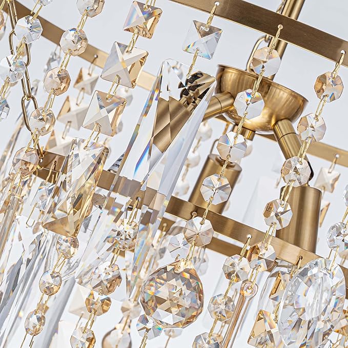3-Lights K9 Crystal Chandeliers, Luxury Vintage Pendant Light Fixture for Dining Room, Living Room, D15*H20.4~66.8 inch (Adjustable), Clear Crystal & Gold Finish-Ruum Studio Home