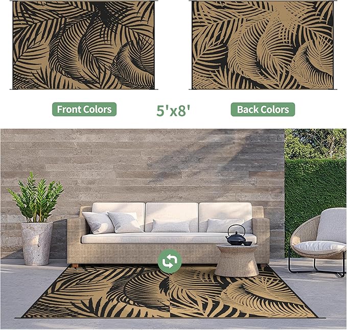 GENIMO Outdoor Rug 5' x 8' Waterproof for Patio Clearance, Reversible Plastic Straw Camping Carpet, Lightweight Mats for Rv, Backyard, Deck, Porch, Picnic, Beach, Balcony, Black & Brown-Ruum Studio Home
