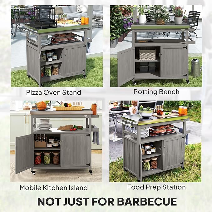 Outsunny Outdoor Grill Cart with Wheels and Storage, Solid Wood Outdoor Kitchen Island with Stainless Steel Top, Movable Bar Cart with Spice Rack, Side Handle, Integrated Hole for BBQ, Gray-Ruum Studio Home