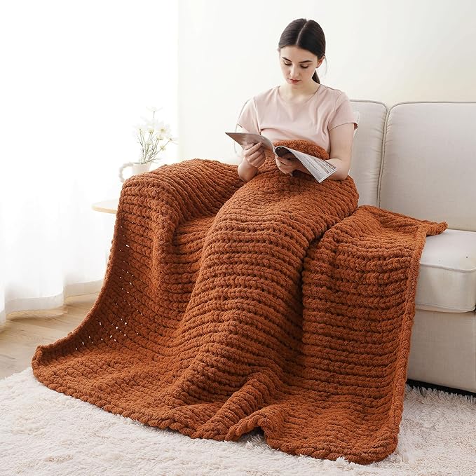 Battilo Chunky Knit Throw Blanket, Soft and Thick Chenille Throw Blanket, 50"x60" Handmade Cable Knit Crochet Blanket, Large Rope Knot Throw Blankets for Couch Sofa Bed Home Decor, Caramel-Ruum Studio Home