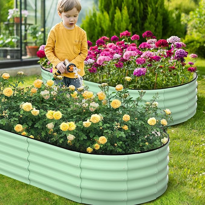 2 Pcs 6x3x2ft Oval Raised Garden Bed, Galvanized Raised Beds,Open-Ended Base Metal Raised Planter Beds,Garden Bed Outdoor,Planter Raised Boxes for Vegetables, Flowers,Tool-Free Asse,Green-Ruum Studio Home