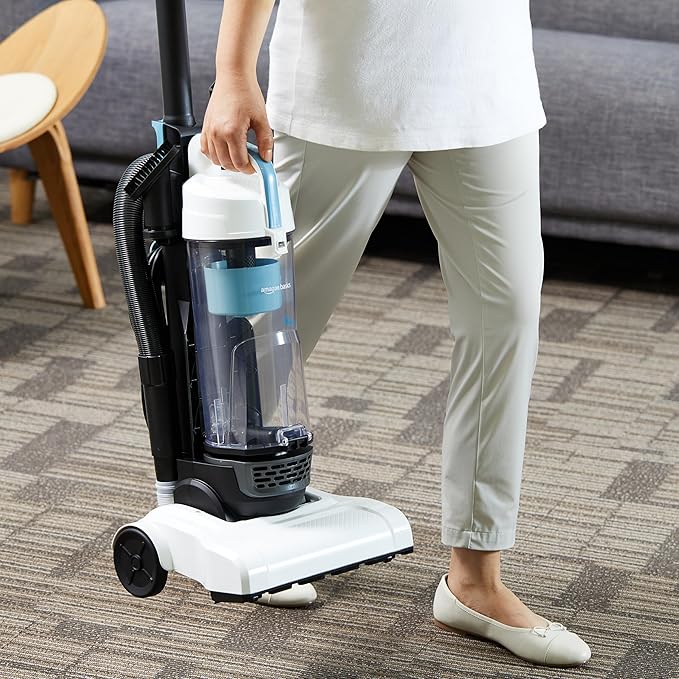 Amazon Basics Upright Bagless Vacuum Cleaner for Carpet and Hard Floors, With Crevice and Upholstery Tools, Detachable Handle, Lightweight (8.4 lbs), 1.7L Dust Cup, 720W, 25ft Cord, Black/White-Ruum Studio Home