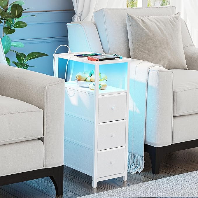 TUTOTAK Narrow LED Night Stand with Charging Station, Slim End Table with Plugins, Tall Side Table with 3 Fabric Drawer, Small Bedside Table with Storage, Set of 2, for Living Room, White TB01BW073L-Ruum Studio Home