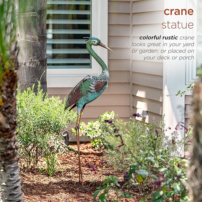 Alpine Corporation 40" Tall Outdoor Rustic Metal Crane Statue Yard Art Decoration-Ruum Studio Home