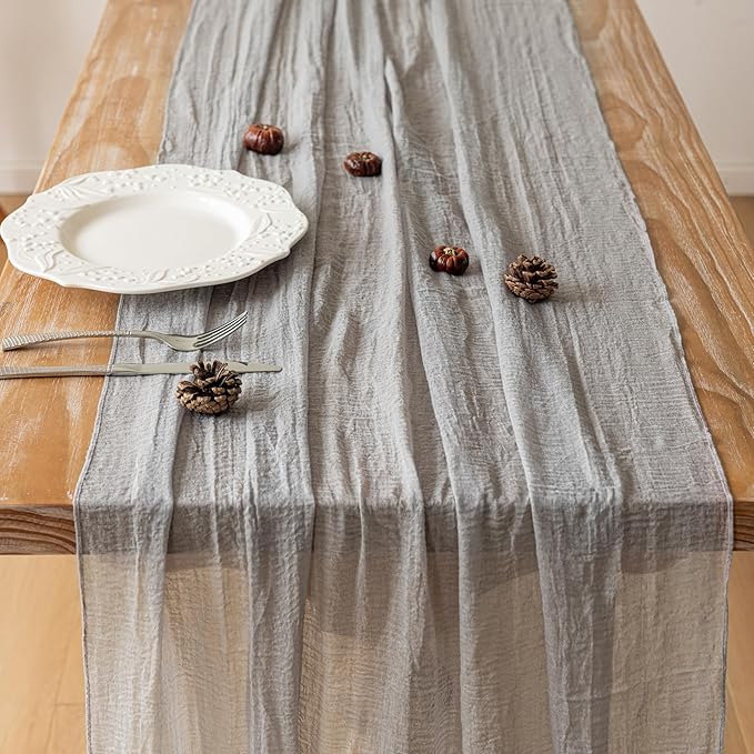 Grey Gauze Rustic Cheesecloth Table Runner 120 Inch 10 FT for Wedding Baby Shower Bridal Shower Birthday Engagement Garden Outdoor Party Long Sheer Boho Decorations-Ruum Studio Home