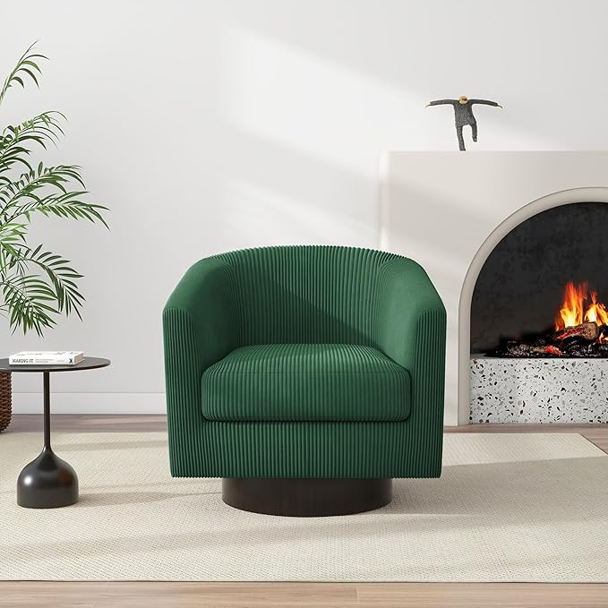 Swivel Barrel Accent Chair, Modern Round Corduroy Fabric Arm Chair for Living Room, Bedroom, Comfy Club Reading Chairs for Adults (Corduroy Dark Green, Set of 2)-Ruum Studio Home