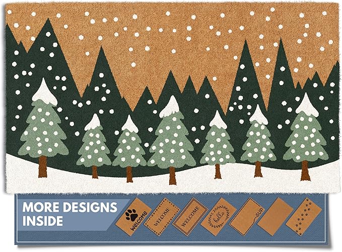 Barnyard Designs Natural Coco Coir Christmas Doormat - Large Cute Non-Slip Heavy Duty Backing Door Mat for Outside Entrance or Porch Entry, Brown (17x30, Winter Snow Forest)-Ruum Studio Home