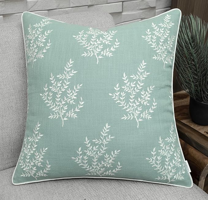 VAGMINE Embroidered Leaves Throw Pillow Cover - 20x20 Inches Square - 100% Cotton Light Teal Cushion Cover - Elegant Leaf Embroidery - Soft Boho Accent for Sofa, Lounge, Contemporary Décor-Ruum Studio Home