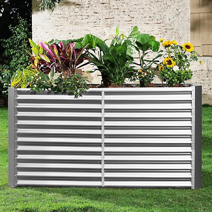 Land Guard 8x4x3ft Rectangular Galvanized Raised Garden Beds, Large-Capacity Metal Planter Box Outdoor, Durable Deep Raised Garden Bed 3ft Tall, Raised Beds for Gardening Vegetables, Classic Silver-Ruum Studio Home