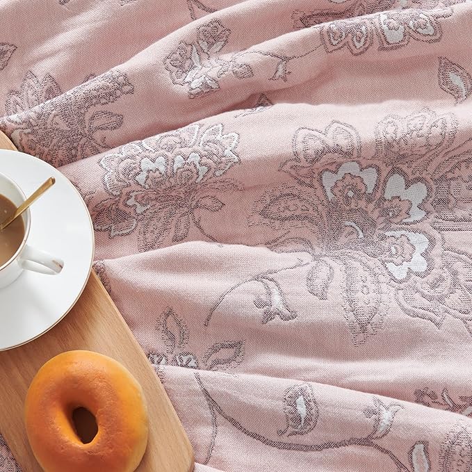 jinchan Boho 100% Cotton Muslin Twin Size 50x60 Inches Blanket Lightweight 4-Layer Quilted Soft Pink Red Floral Throw Blanket Reversible Comfy Flower Breathable All Seasons Couch Bedroom Decor-Ruum Studio Home