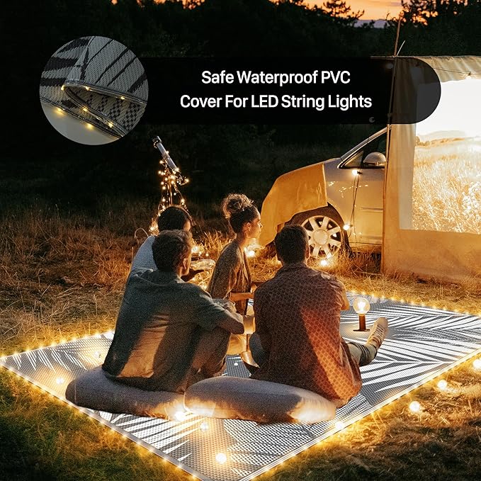 GENIMO Outdoor Rug 9' x 12' Waterproof for Patios Clearance, Reversible Outdoor Plastic Straw Camping Rug Carpet with LED String Light, Area Rugs Mats for RV, Camper, Deck, Balcony, Porch, Grey&White-Ruum Studio Home