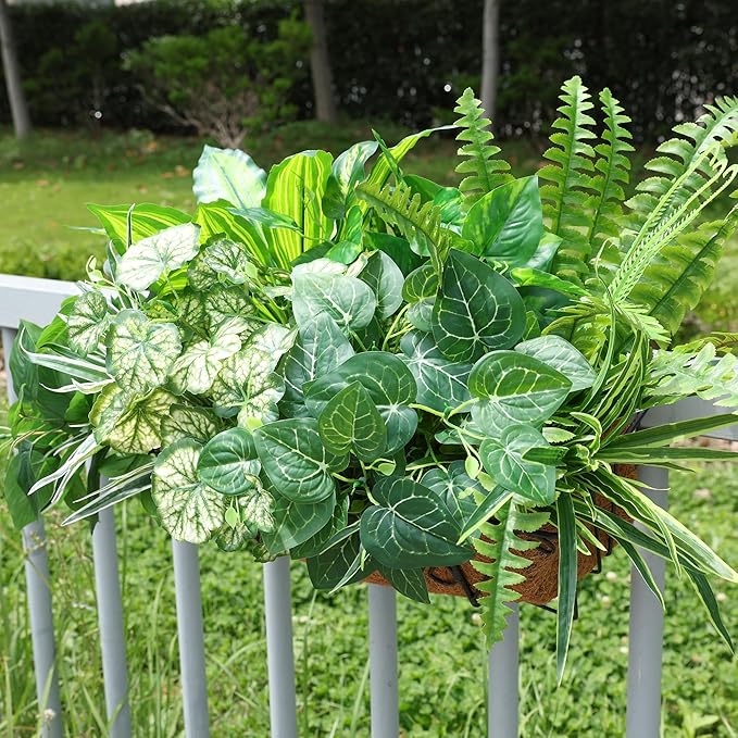 Artificial Greenery Plants Fake Plastic Leaves with Stems UV Resistant Large Bunches Outside Faux Plants Bushes for Outdoor Patio Garden Front Porch Yard Decor (Green)-Ruum Studio Home