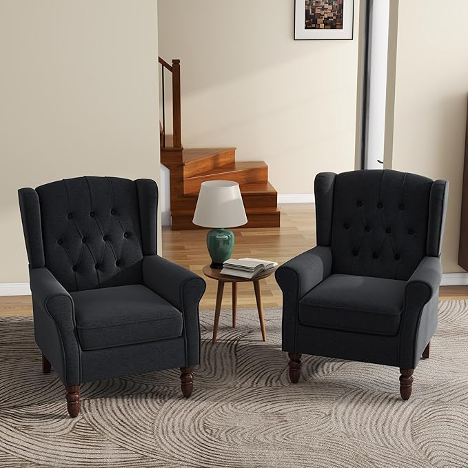 UIXE High Back Accent Chairs Set of 2, Upholstered Armchair in Fabric, Retro Wingback Arm Chair for Living Room, Comfy Single Sofa Bedroom Reading Seat with Solid Wood Legs - Black Blue-Ruum Studio Home