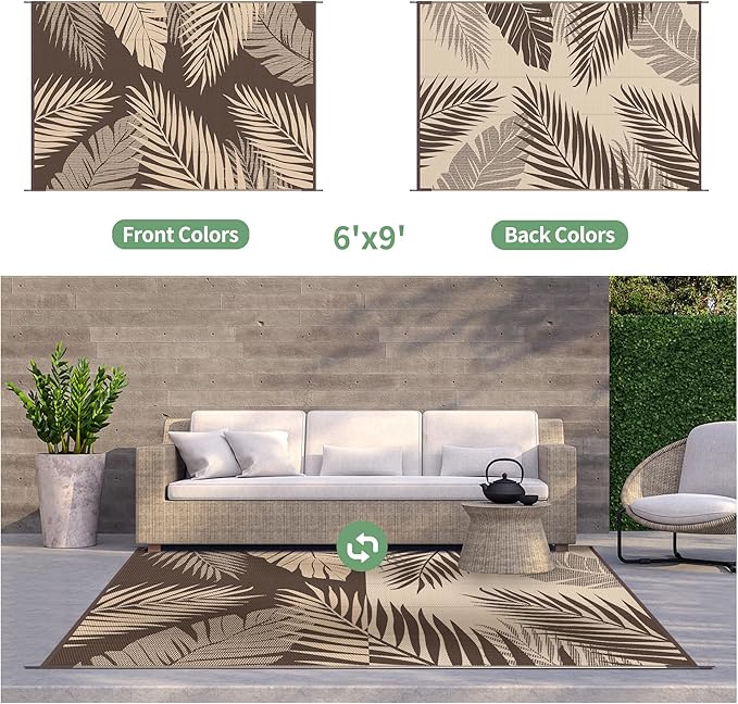 GENIMO Outdoor Rug 6' x 9' Waterproof for Patios Clearance, Reversible Outdoor Plastic Straw Camping Rug Carpet, Large Area Rugs Mats for RV, Camper, Deck, Balcony, Porch, Beach, Picnic, Coffee&Beige-Ruum Studio Home