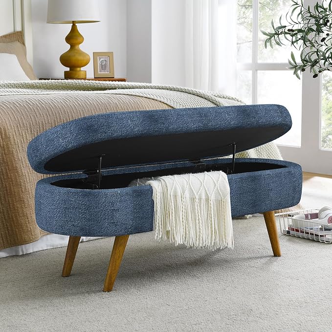 Oval Storage Bench 43.5" Linen Fabric Upholstered Entryway Bench with Solid Wood Legs Ottoman Bench Indoor Bench for Living Room/Bedroom/End of Bed/Entryway (Blue)-Ruum Studio Home