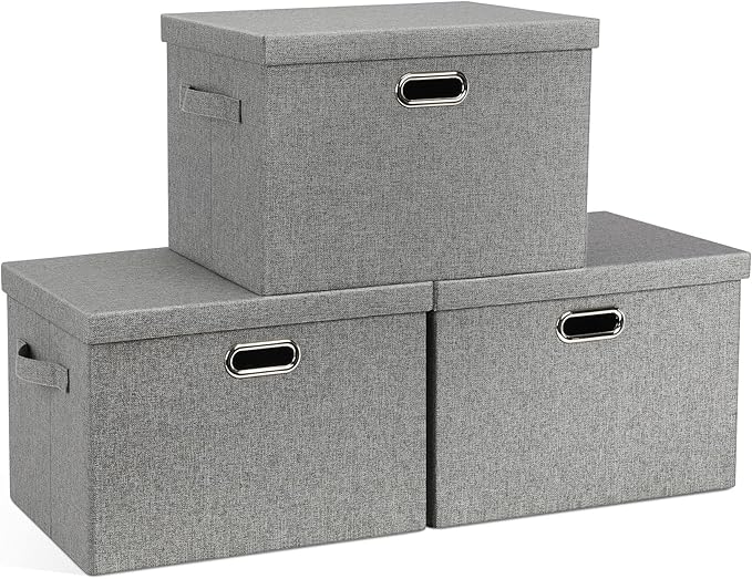 Large 17" 36 Quart Collapsible Stackable Storage Bins with Lids, 3 Packs Grey Linen Fabric Closet Boxes with Lids, Storage Cube Baskets Container Organizers for Bedroom Office(17 x12 x11)-Ruum Studio Home