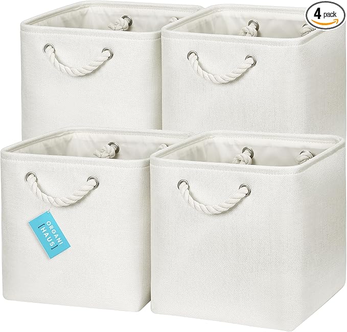 OrganiHaus 11x11 Cube Storage Bins 4 Pack, Foldable Cube Storage Organizer w/ Rope Handles, Collapsible Fabric Bins for Toys, Clothes & Closet Organization, Fabric Square Baskets - Off-White-Ruum Studio Home