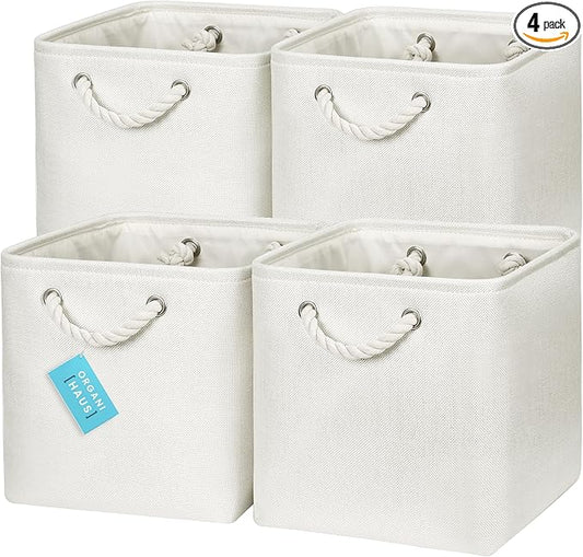 OrganiHaus 11x11 Cube Storage Bins 4 Pack, Foldable Cube Storage Organizer w/ Rope Handles, Collapsible Fabric Bins for Toys, Clothes & Closet Organization, Fabric Square Baskets - Off-White-Ruum Studio Home