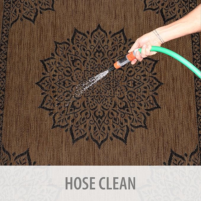 CAMILSON Outdoor Rug, 9x12 Medallion Nut Brown Black Modern Area Rugs for Large Indoor and Outdoor Patios, Kitchen and Hallway Mats, Washable Porch Deck Outside Carpet (Nut Brown Black, 9 x 12)-Ruum Studio Home