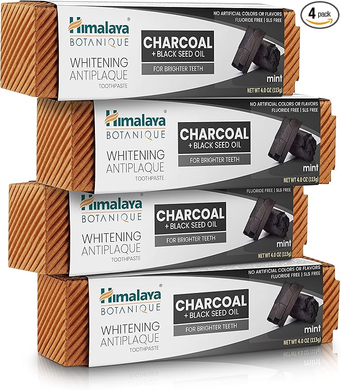 Himalaya Botanique Whitening Antiplaque Toothpaste with Charcoal + Black Seed Oil, Fluoride Free, for Whiter Teeth, 4 oz, 4 Pack-Ruum Studio Home