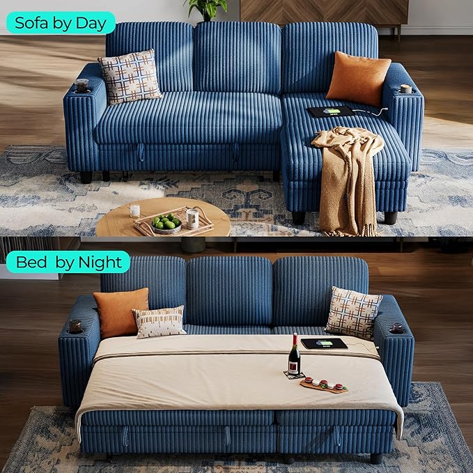 LINSY HOME Sectional Sleeper Sofa with Pull Out Couch Bed - Convertible Plush Corduroy Cloud Couch with Storage Chaise & USB Charging, Comfy L Shaped Modular Couches for Living Room Apartment, Blue-Ruum Studio Home