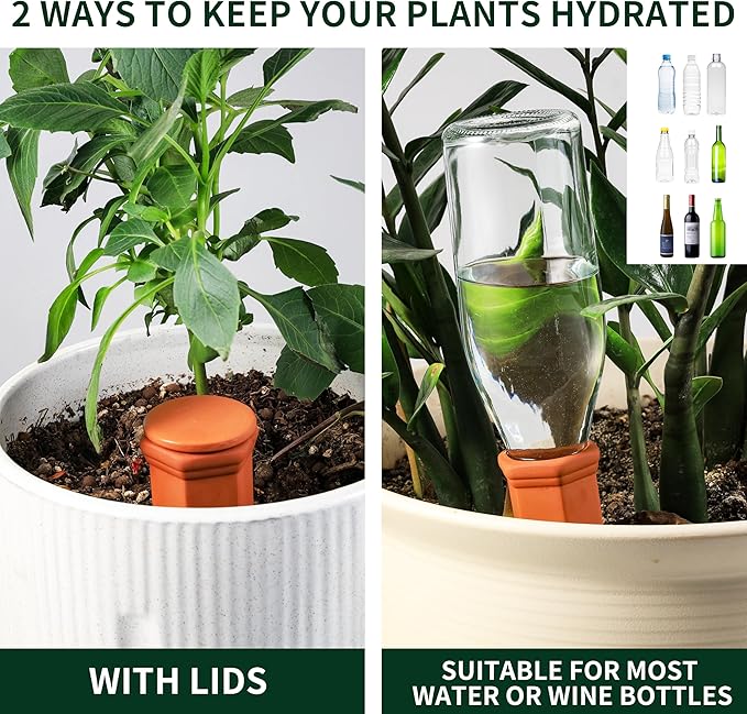 Large Terracotta Watering Spikes with Lids, Automatic Plant Waterer Outdoor | Indoor, Vacation Friendly Clay Plant Watering Devices System, Slow Release Self Watering Planter Insert, 6 Pack-Ruum Studio Home