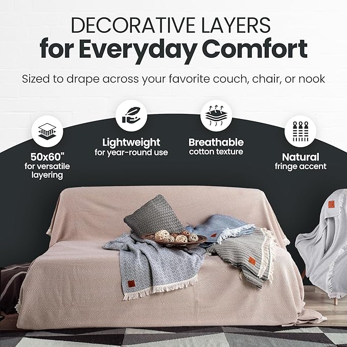 Gold Case Throw Blanket for Couch – 100% Recycled Turkish Cotton Blankets & Throws – Elegant Decorative Throw Blankets for Living Room Sofa – Woven Throws for Couch – Retro Beige – 50x60-Ruum Studio Home