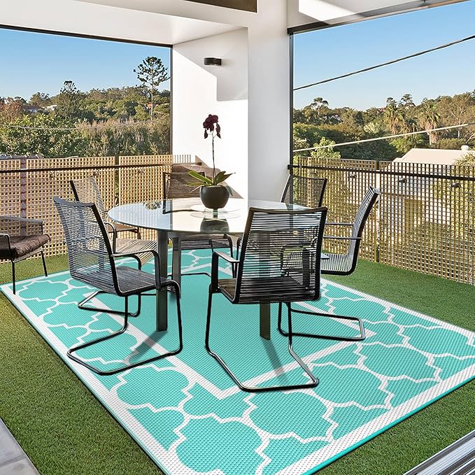 GENIMO 6' x 9' Outdoor Rug Waterproof for Patio Decor, Reversible Plastic Straw Area Mats Carpet for Camper Clearance, Outside Carpet for Rv, Deck, Porch, Beach, Balcony, Aqua Blue & White-Ruum Studio Home