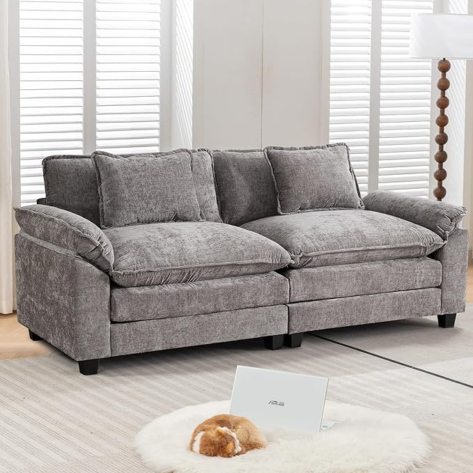 URRED Modular Sectional Sofa Comfy Cloud Couch, Modern Chenille Sofa Sleeper Deep Seat Couches with Ottoman/Pillows for Living Room (Gray, 82.6'')-Ruum Studio Home