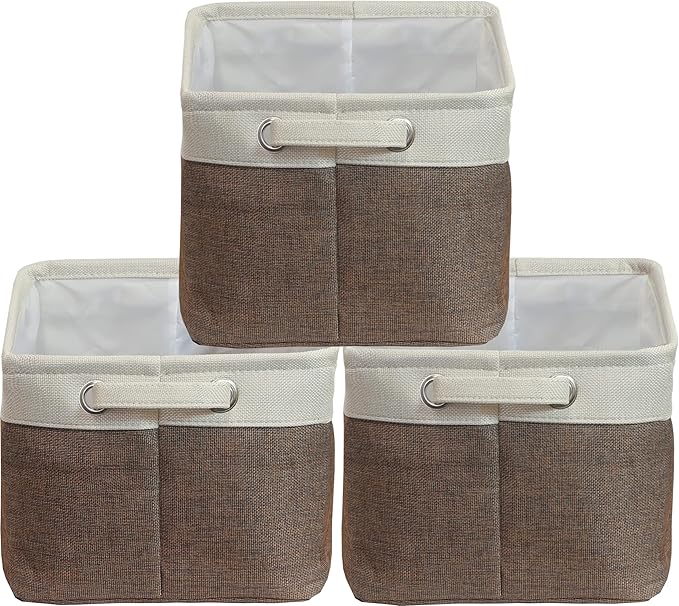 SIMPLE HOUSEWARE Large Fabric Storage Bin, 14.4" x 10" with Handles, 3-Pack, Foldable Organizer for Closet and Shelf, Brown-Ruum Studio Home