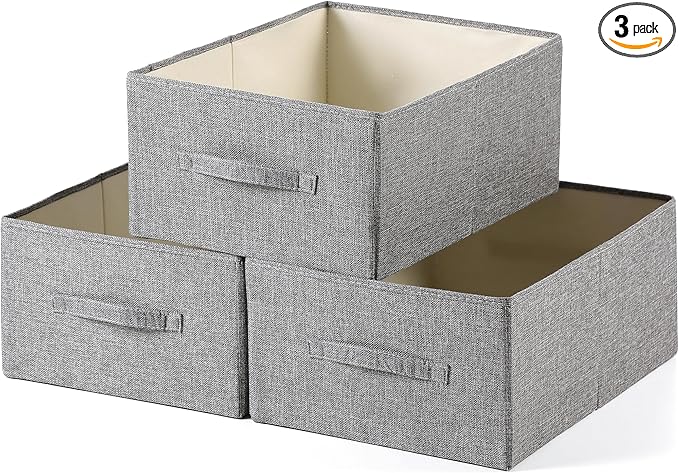 Linen Folding Storage Bins, 3 Pack Large Storage Baskets, Washable, Clothing Storage Bins with Handle, Closet Organizer for Storage Sweater,Sheets(dark grey, 18½"x13½"x8½")-Ruum Studio Home
