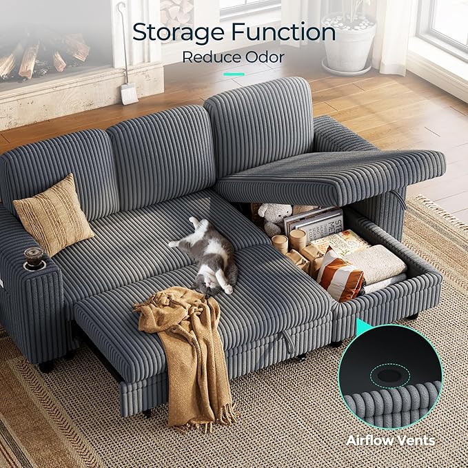 LINSY HOME Sectional Sleeper Sofa with Pull Out Couch Bed Convertible Plush Corduroy Cloud Couch with Storage Chaise & USB Charging, Comfy L Shaped Modular Couches for Living Room Apartment (Grey)-Ruum Studio Home
