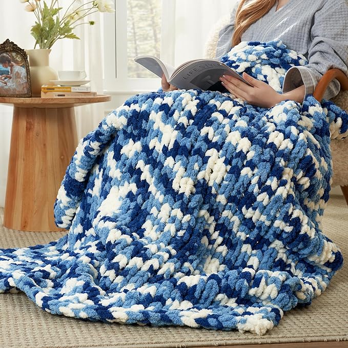 Amélie Home Chunky Knit Throw Blanket for Couch, Soft Chenille Crochet Blanket for Sofa, 50"x60", Space-Dyed Blue-Ruum Studio Home