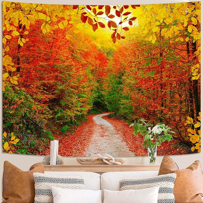 AMM Autumn Forest Tapestry Nature Fall Tree Thanksgiving Tapestry for Bedroom Aesthetic Autumn Path Yellow Red Fallen Leaves Landscape Tapestries Wall Hanging for Living Room Dorm 80 x 60 Inch-Ruum Studio Home