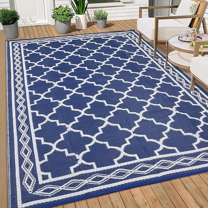 GAOMON Outdoor Rug Waterproof 8'x10', Reversible Outdoor Plastic Straw Rug, Boho Patio Rug, Indoor Outdoor Carpet, RV Mat Outside for Patio, Camp, Picnic, Balcony, Deck, Navy/White(Geometric)-Ruum Studio Home