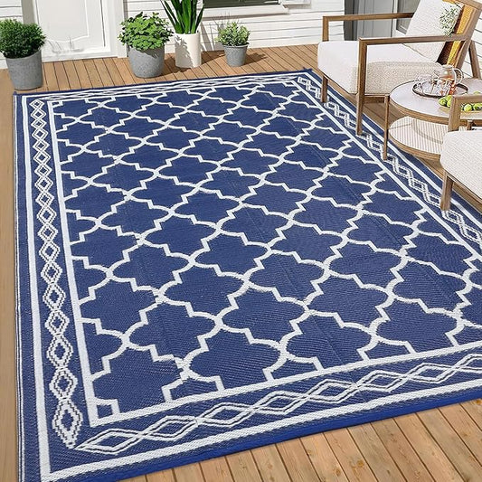 GAOMON Outdoor Rug Waterproof 8'x10', Reversible Outdoor Plastic Straw Rug, Boho Patio Rug, Indoor Outdoor Carpet, RV Mat Outside for Patio, Camp, Picnic, Balcony, Deck, Navy/White(Geometric)-Ruum Studio Home