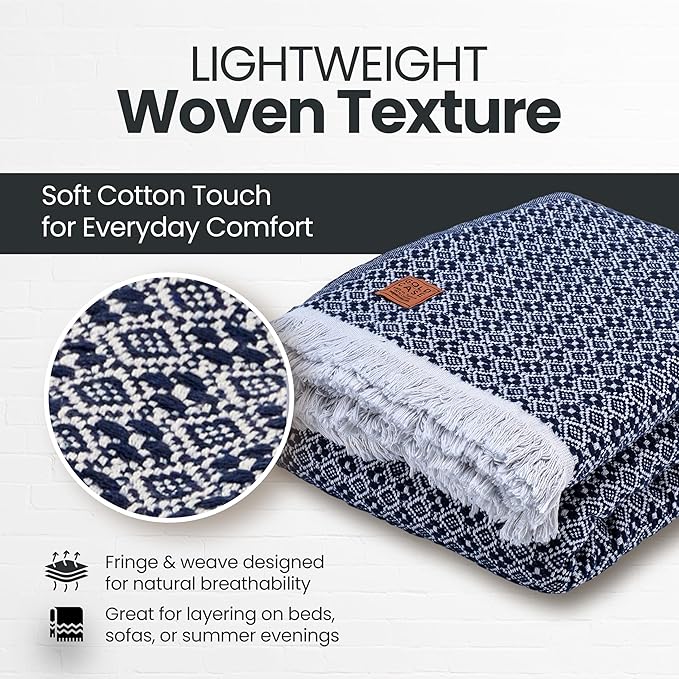 Gold Case Throw Blanket for Bed – 100% Recycled Turkish Cotton Bed Blanket – Decorative Throw Cotton Blankets for Living Room & Bedroom – Retro Navy Blue Woven Queen Blankets – 90x90-Ruum Studio Home